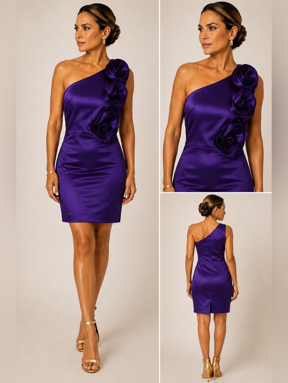 Calvin Klein Purple One-Shoulder Satin Dress with Rose Appliques